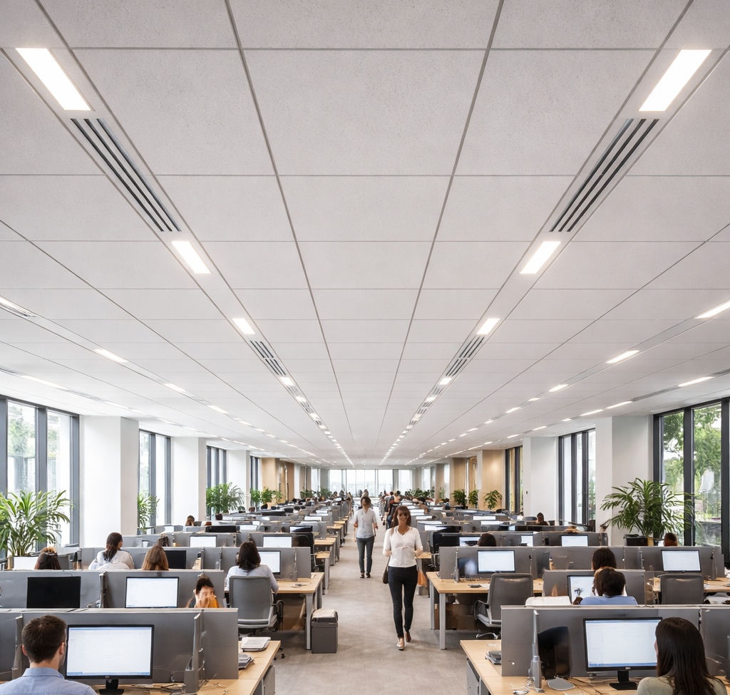 Commercial grid and tile suspended ceiling installation in Derby